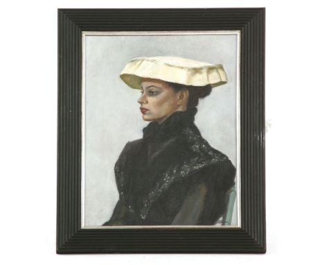Dorothy Dean (b.1920)'REMINISCIENCE' - PORTRAIT OF A WOMAN IN PROFILESigned l.r., inscribed on label verso, oil on canvas41 x