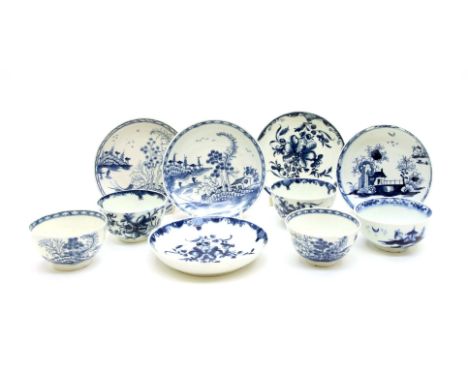 A collection of 18th century blue and white porcelain,  to include Worcester examples, comprising five saucers and five tea b