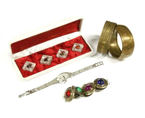 A quantity of costume jewellery, to include a ladies chrome LaBex quartz bracelet watch, four cased miniature boxes, gilt met