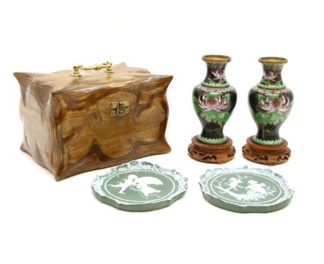 Various china, metal and wooden items, including a pair of Wade 'bells' Scotch whisky bottles, a heavy Chinese brass pot, a s