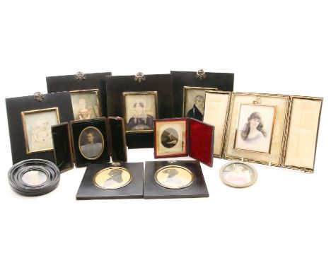 A portrait of a female, signed Schmidt and dated 11918, a painted photograph portrait of a naval officer, and two other pictu