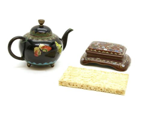 A Japanese cloisonne enamelled teapot, stamp box, and an ivory card case, the teapot 7.5cm high