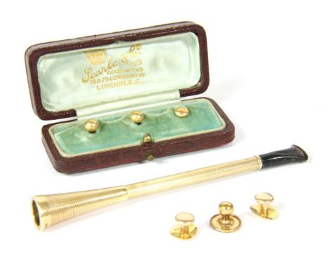 A cased 9ct gold cigarette holder, with engine turned decoration, 7.27g, three gold dress studs, marked 18ct, 2.88g, two 15ct