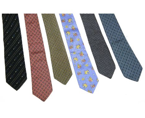 Six designer silk ties, to include a Gucci navy example, a Loewe example with a printed cocktail design, two Saks of Fifth Av