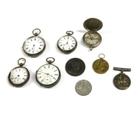 A collection of pocket watches, four silver open faced pocket watches with Roman numerals, a chrome full hunter pocket watch,