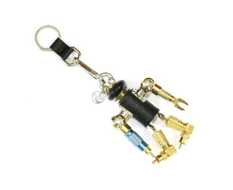 A Prada 'Robin' robot keychain (portachiavi), saffiano leather torso, metal drill bit arms and legs with silver-tone key clip