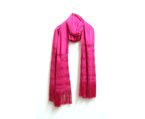 A pink woven silk evening shawl, with macrame knotted fringe, a W Beresford, Rue de Honore, Paris silk blouse with clear butt