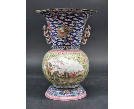A Chinese Canton enamel twin handled vase and stand,&nbsp;18th century, 28cm high, (a.f.). 