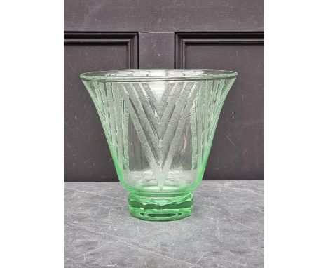 A large Daum Nancy Art Deco green glass vase, with etched geometric decoration, signed, 30.5cm high, (small shallow chip to o