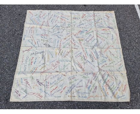 An unusual 1940s tablecloth,&nbsp;with embroidered signatures, approx 130cm square. 