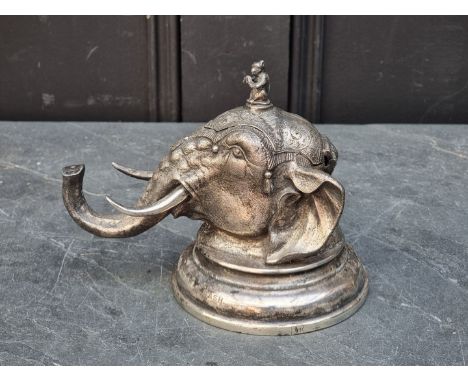 An early 20th century electroplated novelty Indian Elephant's head inkwell,&nbsp;by Mappin &amp; Webb, 13.5cm high. 