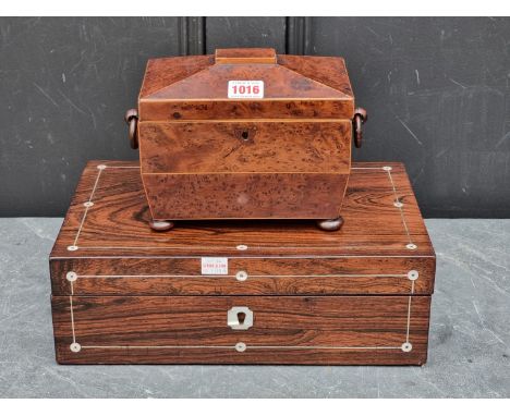 A George III burr yew and line inlaid sarcophagus tea caddy,&nbsp;total width 24cm; together with a Victorian rosewood and mo