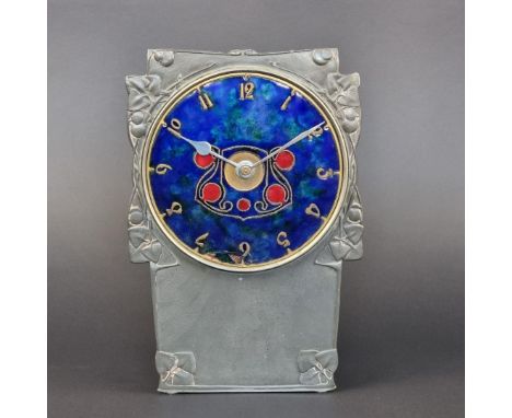 A Liberty &amp; Co 'Tudric' pewter and enamel mantel clock,&nbsp;by Archibald Knox, No.0609, with Lenzkirch movement, 20.5cm 