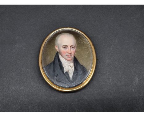 English School, 19th century, head and shoulders portrait miniature of a gentleman wearing a black jacket and white cravat, o