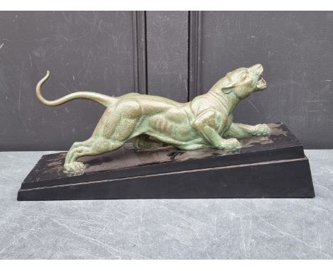 Demetre Chiparus, 'Panther', verdigris bronze and black marble, signed, 54cm long. 