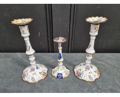 A scarce pair of 18th century Bilston or Battersea enamel candlesticks,&nbsp;25.5cm high; together with another similar small