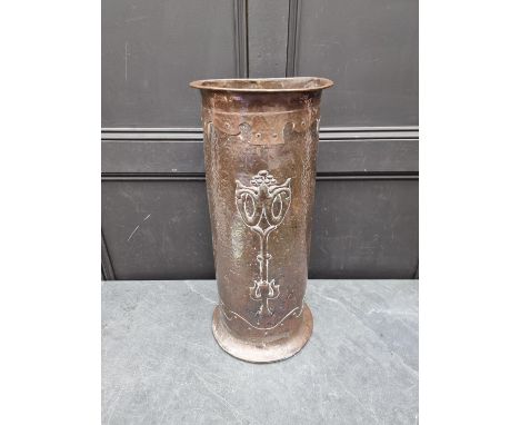 A good Art Nouveau hammered copper stick stand,&nbsp;indistinctly marked to base, 66cm high.&nbsp; 