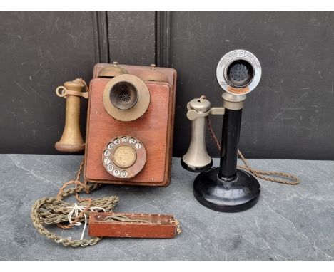 A vintage candlestick telephone, inscribed 'TE 234 No22'; together with another old wall mounted GPO telephone. (2) 