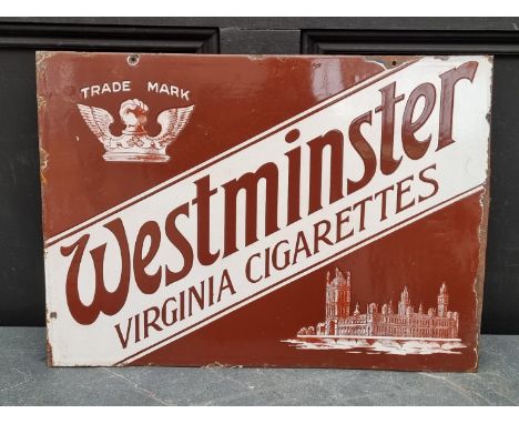 Advertising:&nbsp;a vintage enamel double-sided 'Westminster Virginia Cigarettes' sign, 38 x 53cm. 