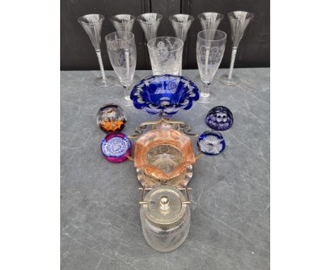 An interesting group of glassware,&nbsp;to include a set of six opaque twist glasses, 21cm high, (chip to foot rim of one); t