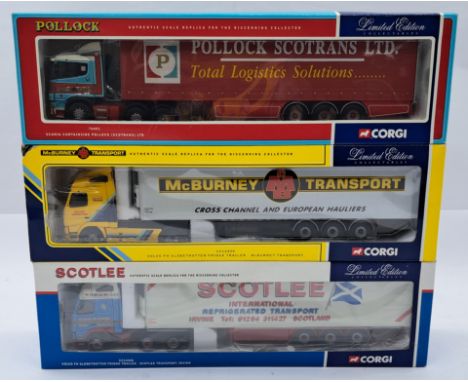 Corgi 1:50 Scale Boxed Commercial Trio, to include 76401 Scania Curtainside "Pollock (Scotrans) Ltd", CC12409 Volvo FH Globet
