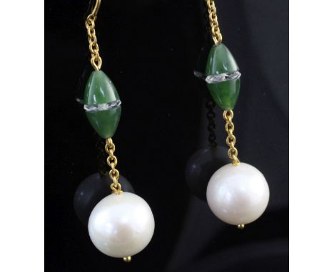 A pair of gold, cultured pearl and chrysophase? drop earrings, with facetted spacers, 1.75in.