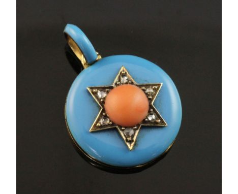 A late Victorian, gold, split coral bead, rose cut diamond and blue enamel pendant locket, of circular form, with central sta