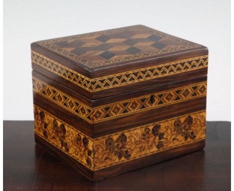 A 19th century Tunbridgeware rosewood perspective cube tea caddy, with hinged lid and a band of floral tesserae mosaic inlay,