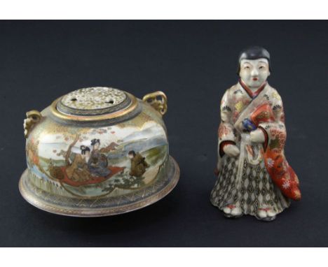 A Japanese Satsuma pottery figure and a similar tripod koro and cover, Meiji period, the figure wearing flowing robes decorat