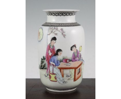 A Chinese famille rose lantern shaped vase, 20th century, painted with beautiful ladies around a table, in a landscape, with 