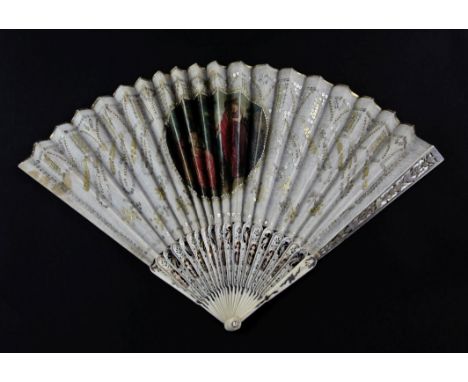 A 19th century French pierced bone fan, with pierced silver and mother of pearl guard sticks, printed with a central oval fig