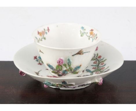 An unusual English soft paste porcelain polychrome teabowl and saucer, possibly Longton Hall c.1755-60, the exterior moulded 