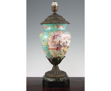 A Chinese famille rose vase, with European brass lamp fittings, late 19th / early 20th century, the oviform vase painted with