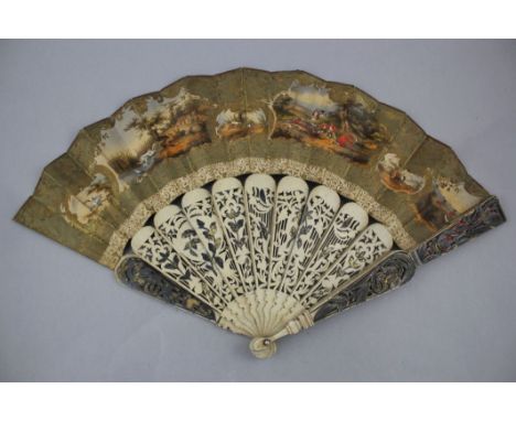 A collection of nine Victorian fans, including French bone examples and a pierced mother of pearl fan with floral painted sil