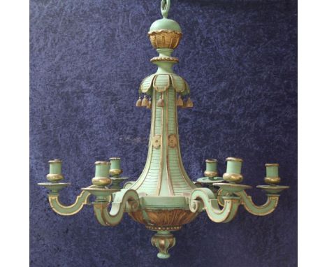 An early 20th century Italian green painted and parcel gilt ceiling light, with six scrolling branches and circular sconces, 