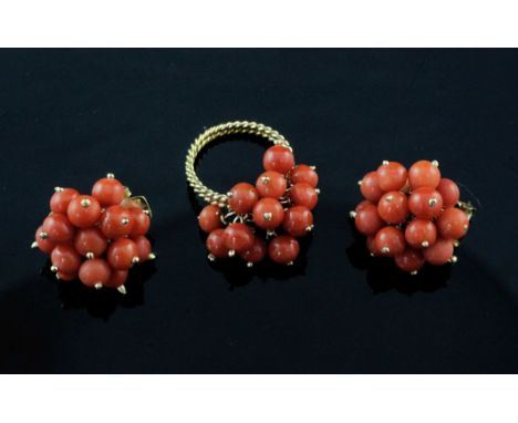 A pair of 18ct gold and coral cluster earrings and a similar dress ring with unmarked gold double ropetwist shank, size K.