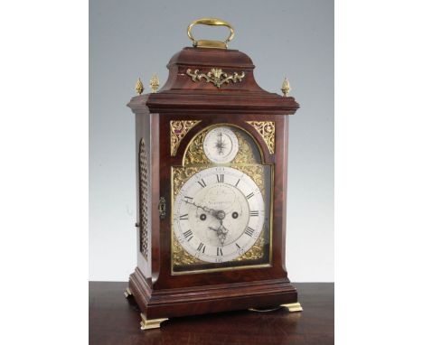 A George III mahogany hour repeating bracket clock, with silvered Roman chapter ring, strike / silent and subsidiary date dia