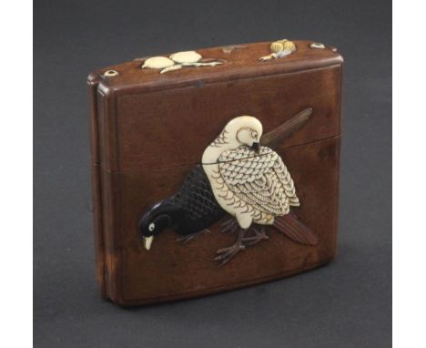 A Japanese cherrywood, ivory, horn, mother of pearl and wood inlaid single case inro, 19th century, relief decorated inlay to