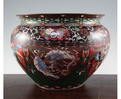 A large Japanese cloisonne enamel jardiniere, early 20th century, decorated in kyoto style with shield shaped lappets of phoe
