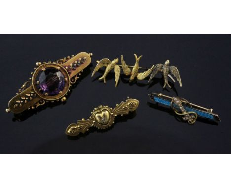 Four Victorian 15ct gold bar brooches, including a triple swallow brooch and enamel and seed pearl anchor brooch, largest 2in
