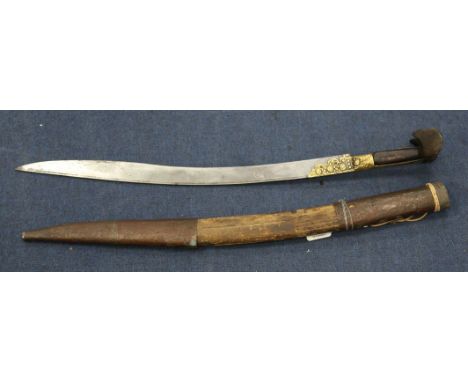 A Turkish Yatagan, with 24 inch curved etched blade with shaped horn handle and embossed gilt metal fittings, with scabbard, 