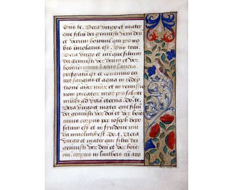 A French manuscript leaf from the 'Book of Hours', Rouen 1490-1500, framed and glazed, overall 14.5 x 11.5in.