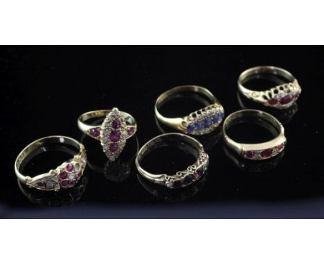 Six late 19th/early 20th century gem set dress rings, including a 15ct gold "Regard" ring (a.f.), four 18ct gold ruby and dia