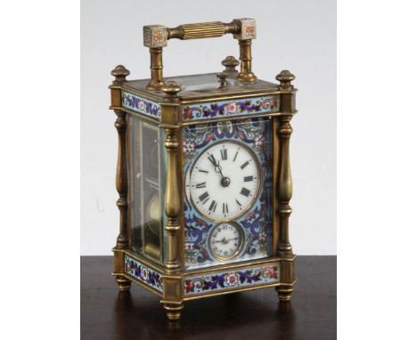 A late 19th century French gilt brass and champleve enamel hour repeating carriage alarum clock, with floral decorated case a