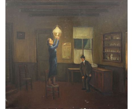 Oscar Coleman (b.1893)oil on canvas,Interior with woman lighting an oil lamp,signed and dated 1951,25.5 x 29.5in., unframed
