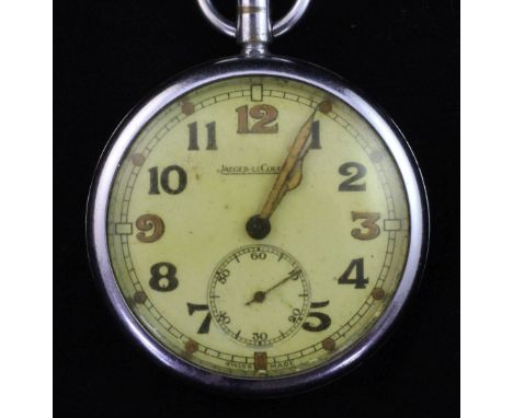 A Jaeger Le Coultre chrome cased military pocket watch, with Arabic dial and subsidiary seconds, the case back inscribed with