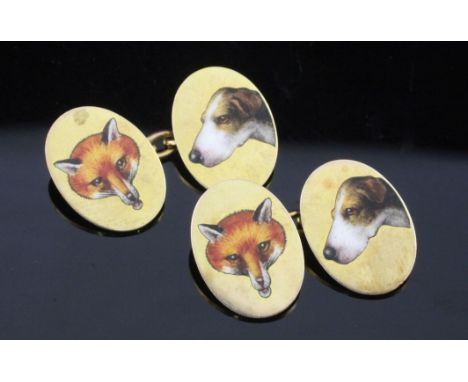 A pair of early 20th century 9ct gold and enamel hunting related 'fox and hound' oval cufflinks, makers, C&F, gross 7.5 grams
