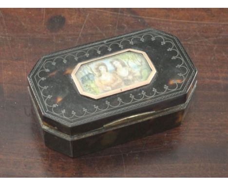 A George III elongated octagonal tortoiseshell snuff box, the lid with pique work and central painted miniature depicting two