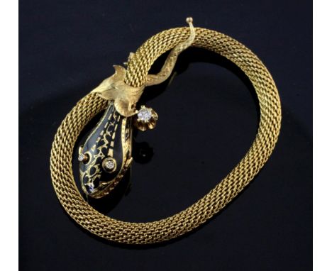 A 19th century style continental 14ct gold, black enamel and diamond set serpent bracelet, with leaf terminals, overall lengt