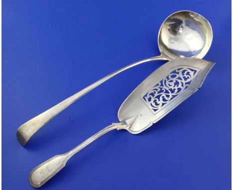 A George III silver Old English pattern soup ladle, with engraved initial, George Burrows I, London, 1799, 13in, together wit